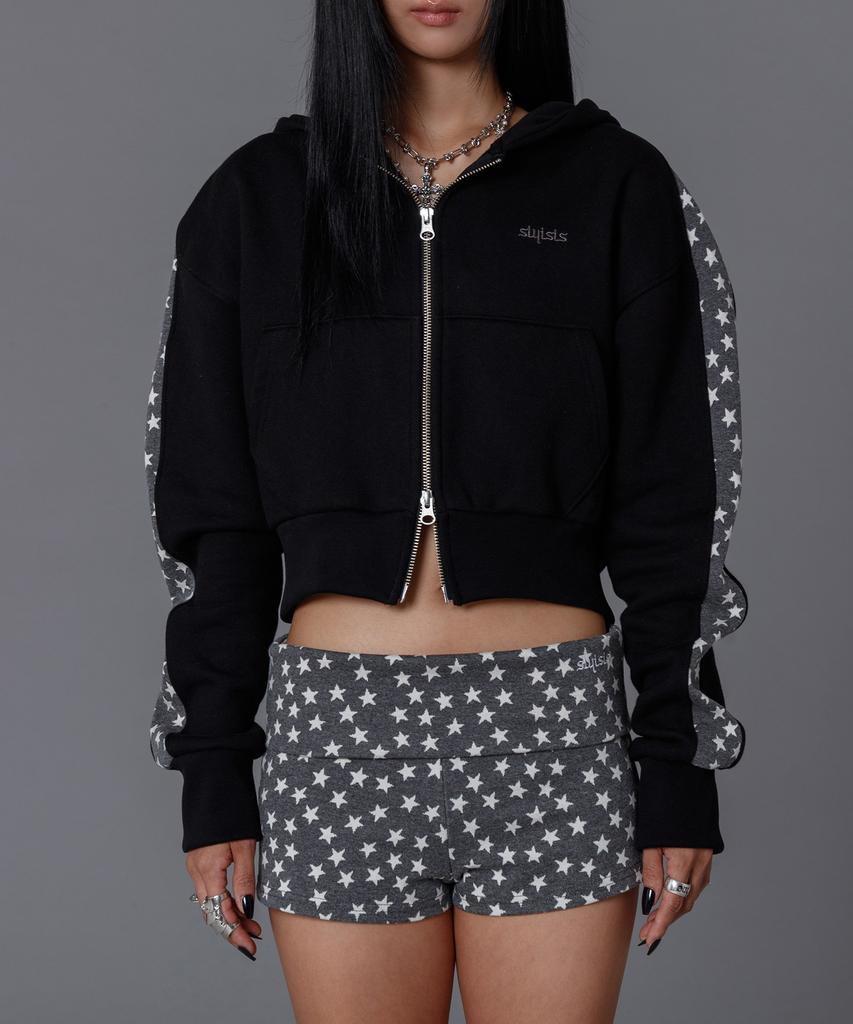 Slyisis Star Line Crop Hoodie Zip-Up (Black)