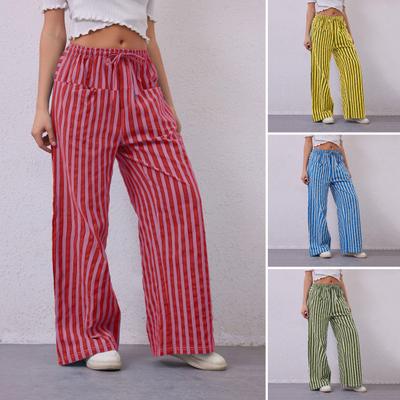 Damenhose mit Kordelzug, elastischer Bund, lockeres, weites Bein, kontrastfarbener Streifendruck, niedrige Taille mit Taschen, lässige Urlaubs-/Strandhose