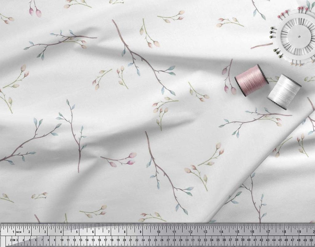 Soimoi Japan Crepe Satin Fabric Leaves & Buds Flower Print Fabric by the metre 42 Inch