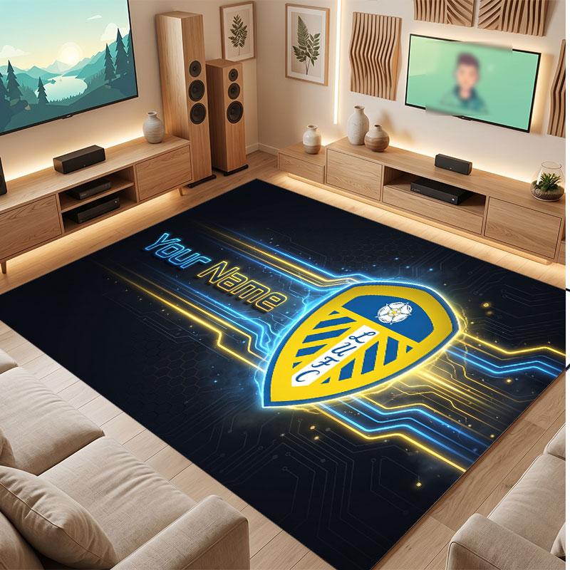 Leeds United Custom Crystal Velvet Rug, Personalized Name Text Print, Football Logo Soft Non‑Slip Floor Mat Home Decor Gift