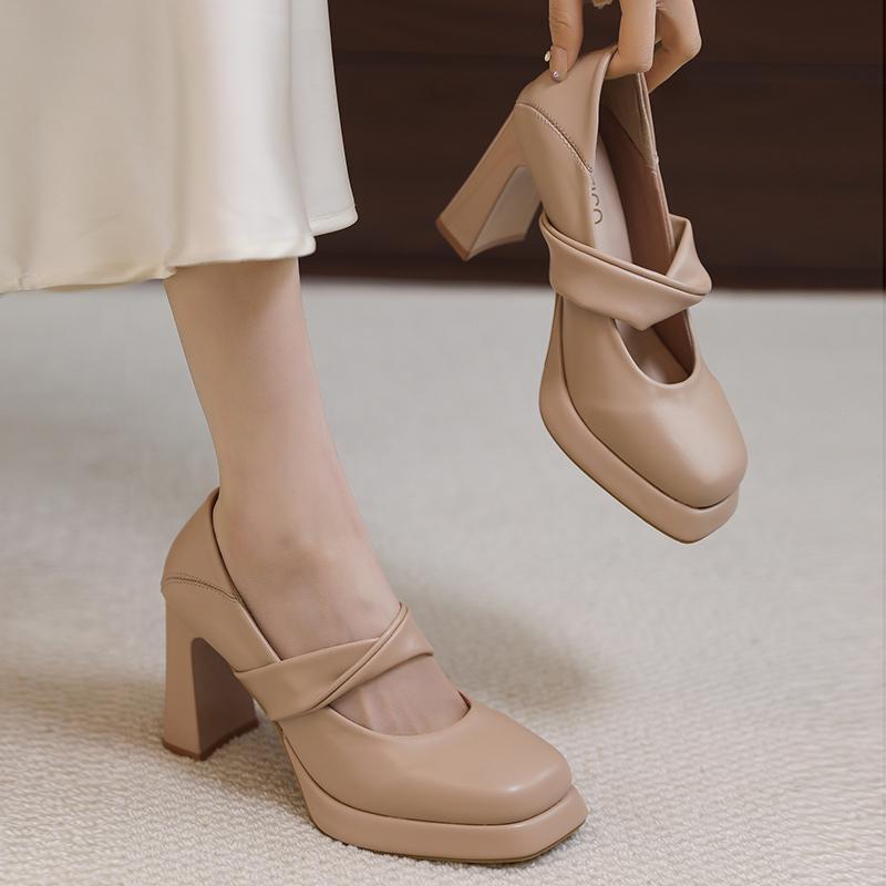 Fashion High Heel Single Shoes Summer New Square Head Shallow Mouth Waterproof Table Cover Foot Non-slip Wear Thick Heel Shoes