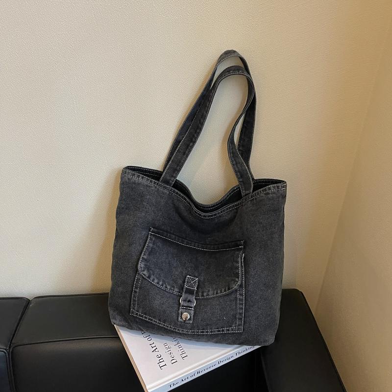 Casual Denim Tote Bag for Women Large Capacity Shoulder Handbag with Front Pocket