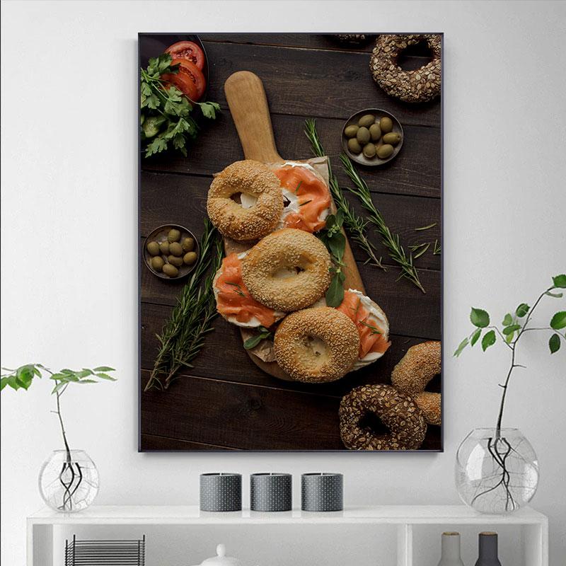 Nordic Tasty Food Lerretsplakater Kake Brødmaling Moderne plakattrykk Veggkunst Pictrue for Kitchen Cafe Restaurant Dekorasjon