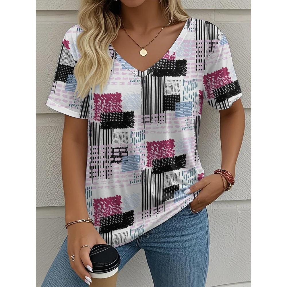 Summer plaid women's V-neck T-shirt outdoor casual short-sleeved top
