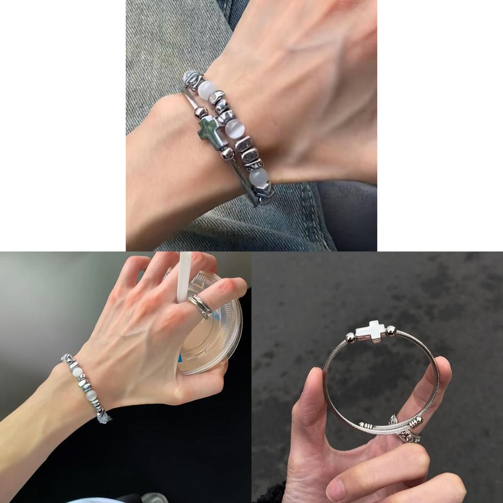 Titanium Steel Cross Bracelet For Men With Cat Eye Stone Bead Handcrafted Jewelry Gift