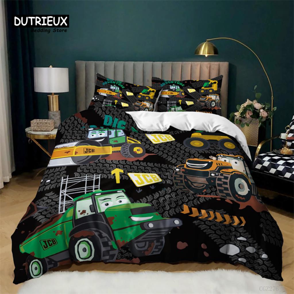 Boys Cartoon Car Duvet Cover Twin King Kids Construction Vehicles Bedding Set Microfiber Cartoon Machinery Truck Comforter Cover