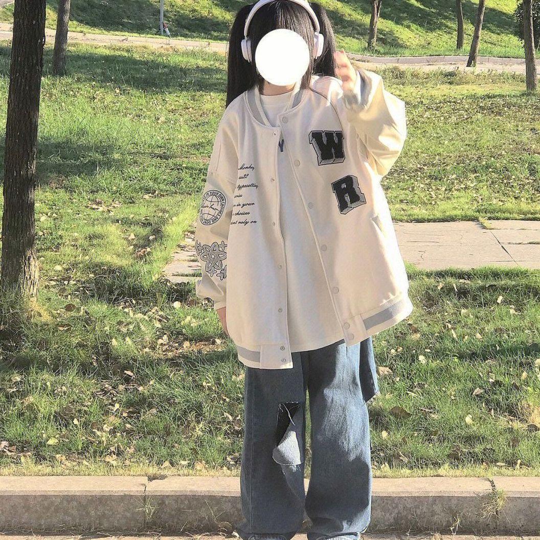 

Бейсбольная куртка с шитьем и универсальным принтом, женская осенняя новая дизайнерская свободная куртка для пары, свободное пальто ins tide xs как