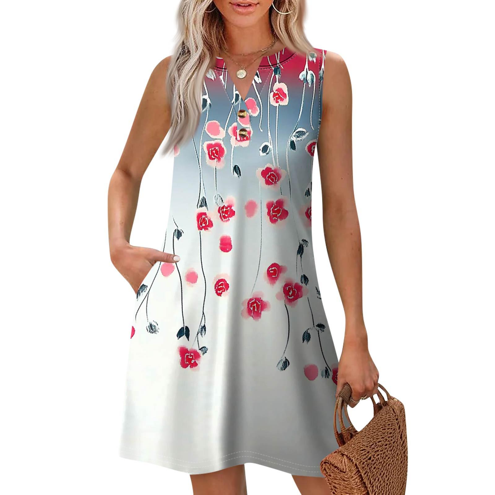 

Женская Мода Повседневный Принт V-образный Вырез Пуговица С Карманом Жилет Безрукавные Платья XXL