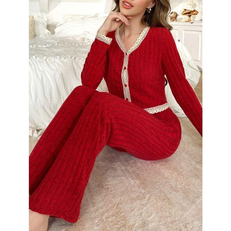 

Осенне-зимний кружевной лоскутный топ с длинным рукавом и V-образным вырезом, эластичная талия, прямой набор брюк, женский свободный костюм для дома S красный