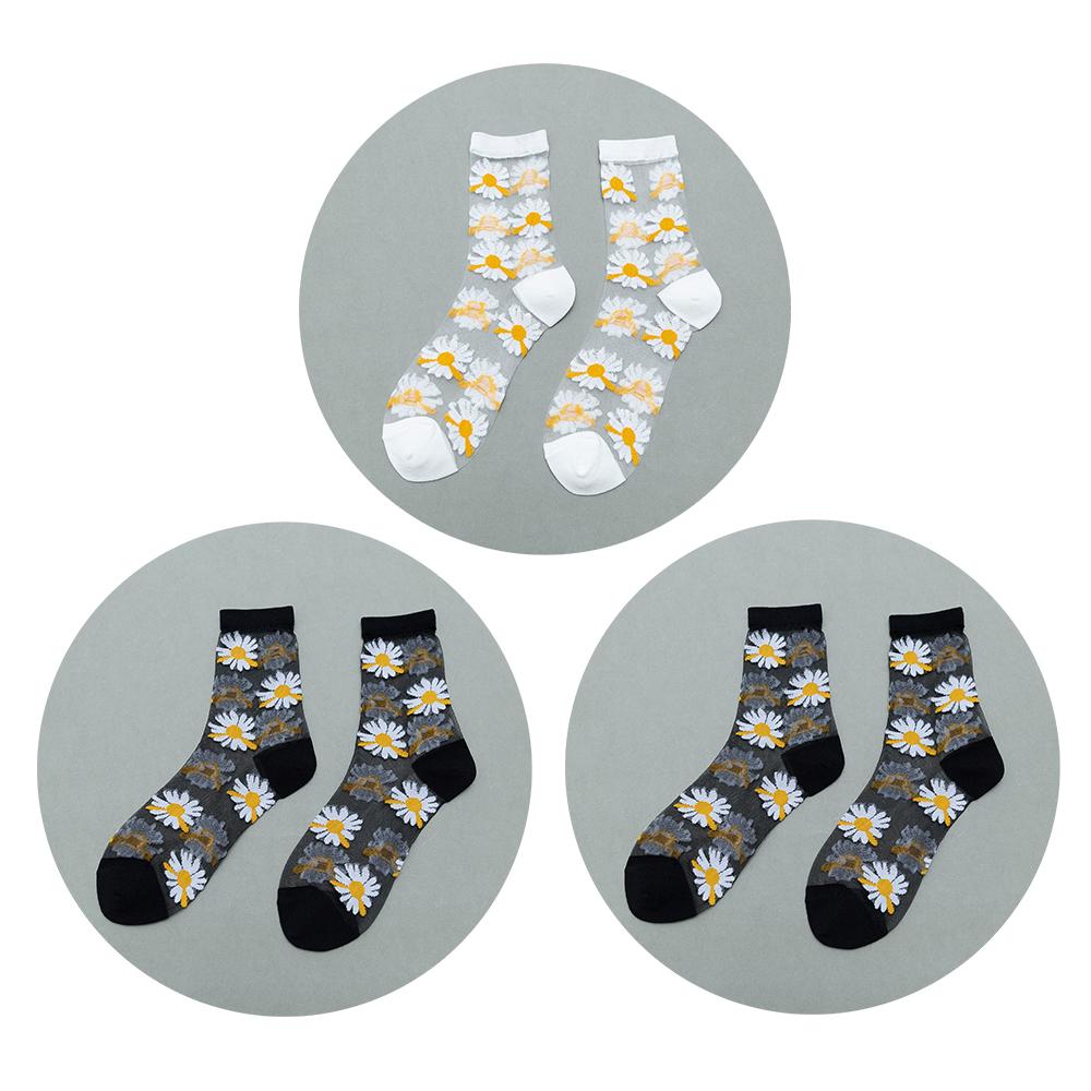 3 Pairs Of Women's Flower Socks Summer Crystal Glass Stockings Medium Short Tube Thin Transparent Daisy  Jacquard Elastic  Socks