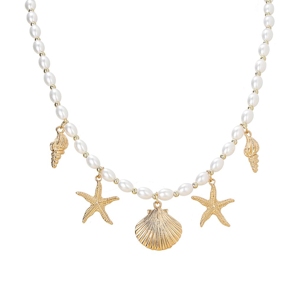Bohemian style alloy conch scallop starfish tassel necklace imitation pearl bead summer beach choker necklace