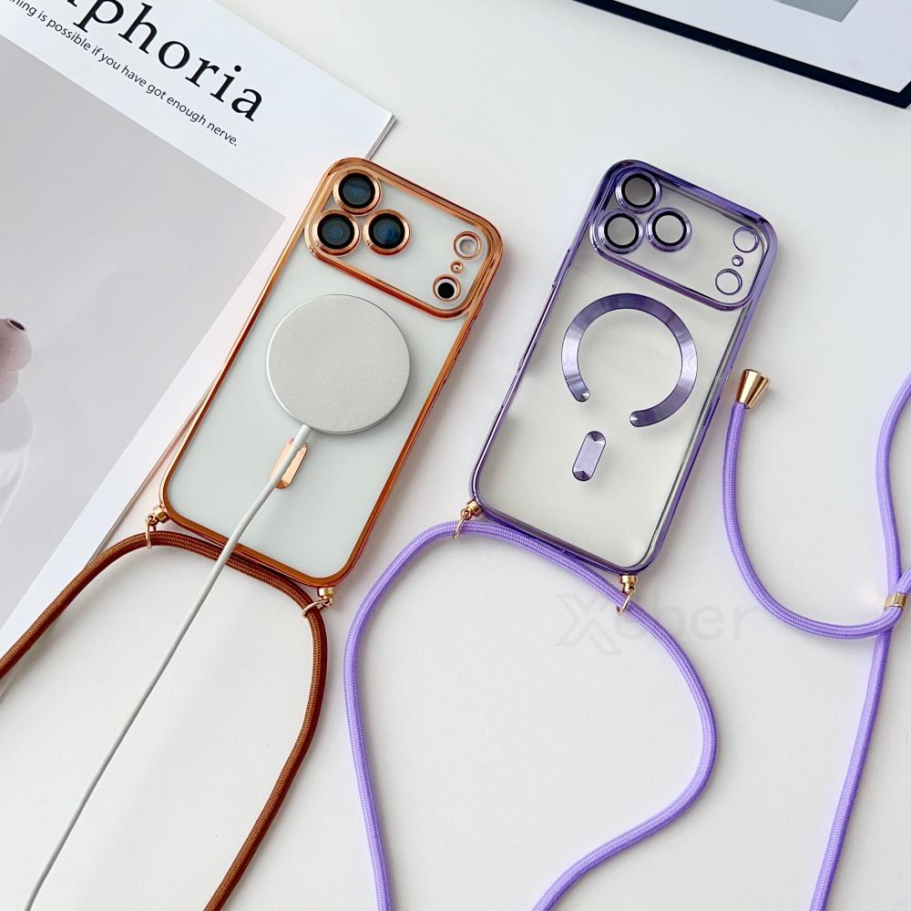 Crossbody Necklace Lanyard Plating Magnetic Case For iPhone 17 Pro Max 16 15 13 12 14 Plus Clear For Magsafe Soft Silicone Cover