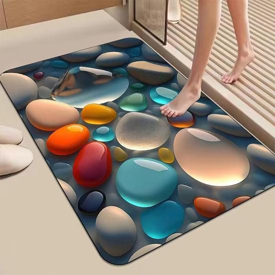 3D Optical Illusion Rug Pebble Stone Visual Illusion Doormat Non-Slip Water Absorbent Floor Mat for Bathroom Bedroom Living Room Entrance Decor
