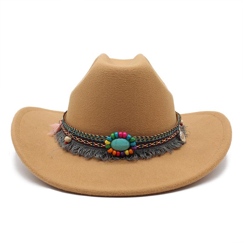 Ethnic Style One-Word Top Cowboy Top Hat, Rolled-Brimmed Felt Hat, Men'S And Women'S Outdoor Western Cowboy Top Hat, Woolen Jazz Hat