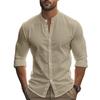 Men Cotton Linen Shirt Long Sleeve Button Down Shirt Band Collar Casual Summer Shirt