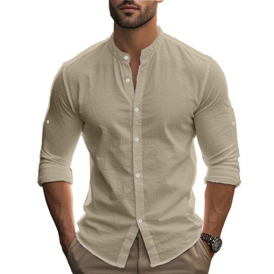 Men Cotton Linen Shirt Long Sleeve Button Down Shirt Band Collar Casual Summer Shirt