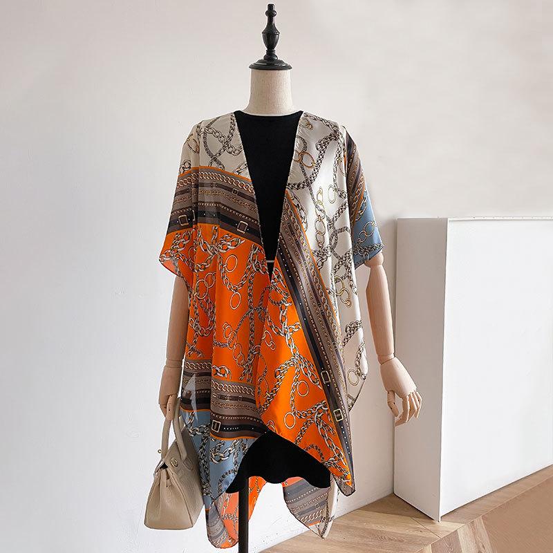 Contrasting Color Pattern Split Shawl Female Design Sense Ethnic Style Thin Sunscreen Simulation Silk Scarf