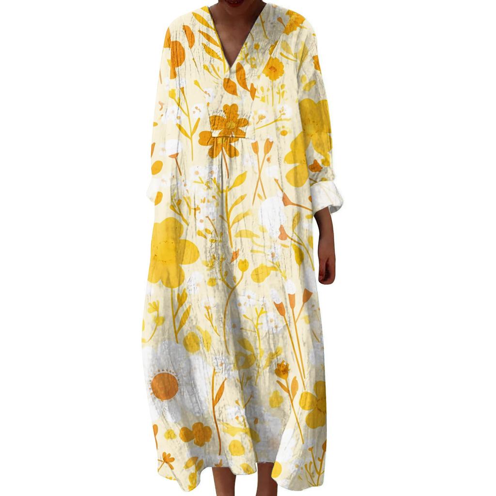 Women's Casual And Fashionable V-Veck Flower Print Long Sleeved Dress Long Sleeved Dress