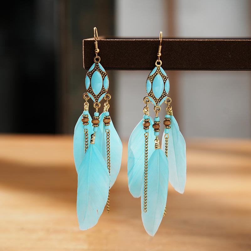 Modische Böhmische Bunte Federohrringe für Damen Ethnischer Stil Lange Geometrische Ohrringe Damen Schmuck Accessoires Geschenk