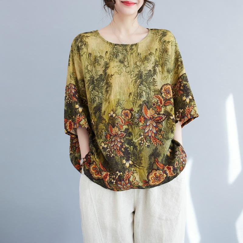 

Этнический стиль Большой размер Широкая Футболка с куклой Panasonic Swing Летняя блузка Этнический принт Свободный круглый вырез Удобная футболка для женщин one size жёлтый