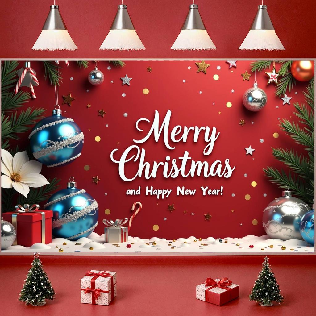 Festive Banner Poinsettia Happy New Year Banner Christmas Decoration Banner Silver Blue Decorations For New Year Celebration New