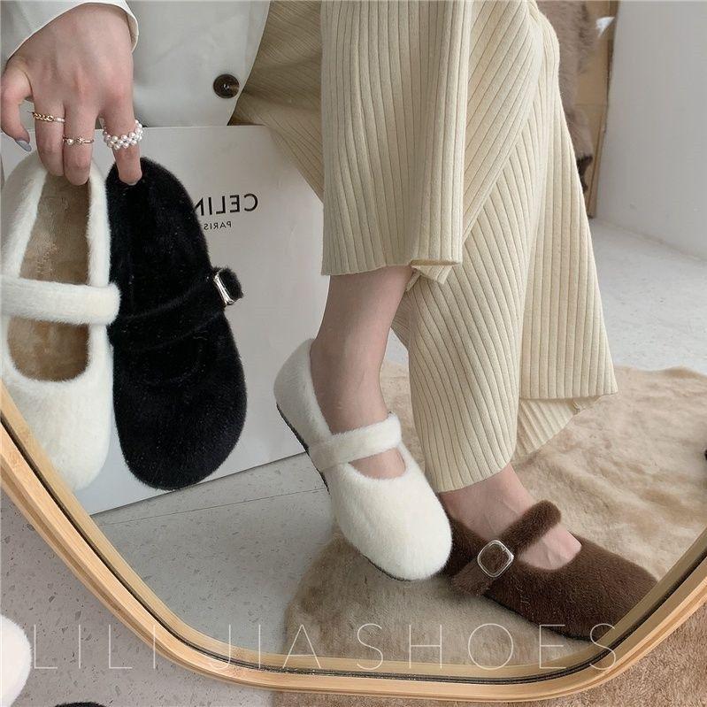 Korean Style Furry Mary Jane Flats for Women - Autumn & Winter Collection in Off-White & Black
