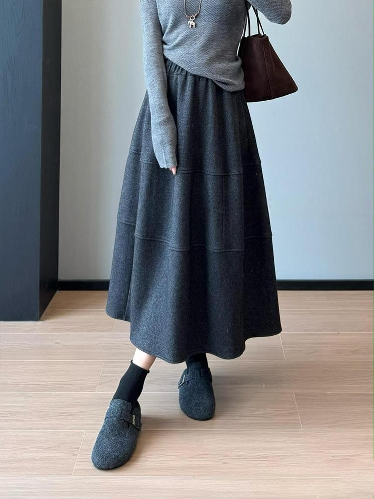 Hepburn Style Wool Texture Floral Umbrella Skirt – Elegant Retro A-line Midi for Autumn/Winter Medium серый