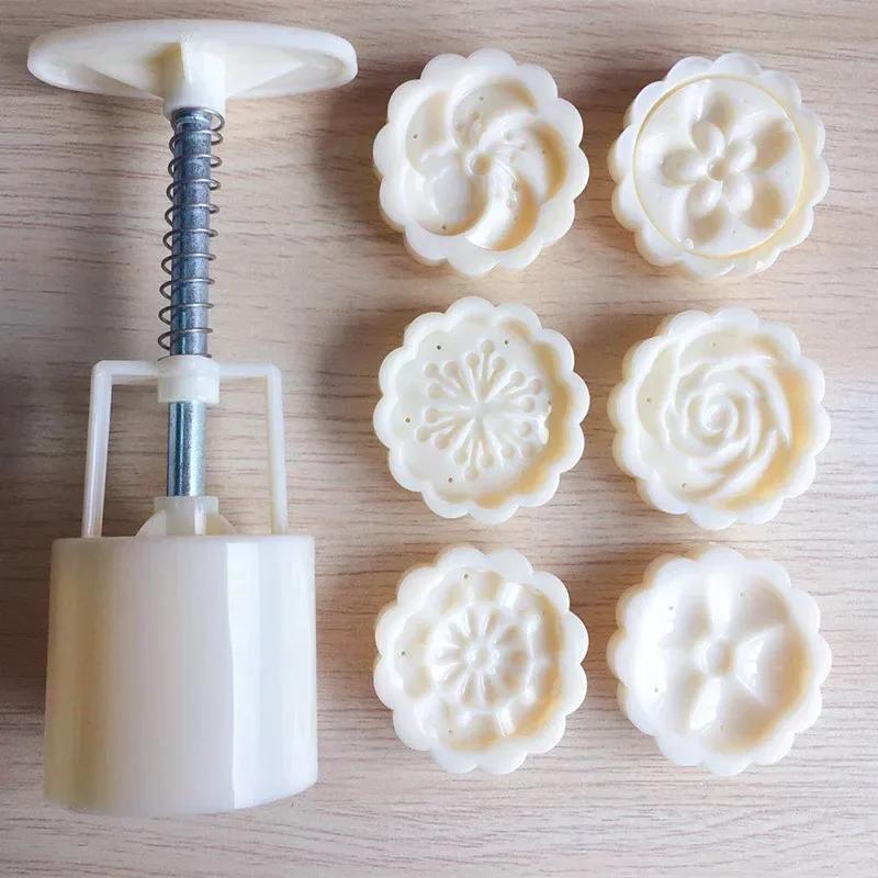 DIY Hand Pressure Plastic Press 50g 6pcs/set Flower Shaped Moon Cake Mould Fondant Cookie Cutter Baking Tool Mold
