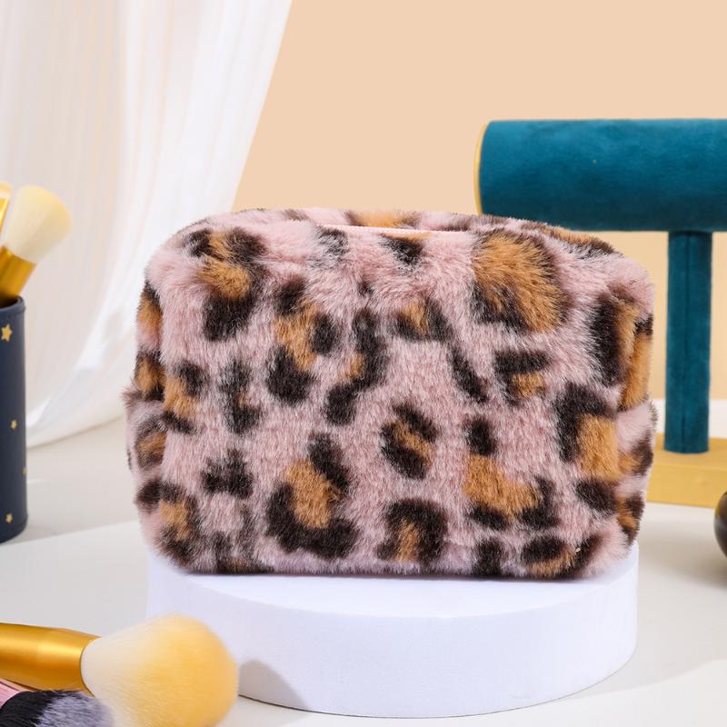 Bolsa de Almacenamiento de Cosméticos con Estampado de Leopardo para Mujer, Bolsa de Maquillaje de Peluche de Gran Capacidad, Bolsa de Almacenamiento Portátil para Viaje, Regalo