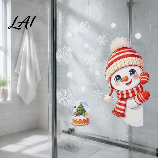 Festive Glass Door Decals Peeking Snowman Static Cling Window Decal Christmas Sticker with Clings Snowflakes Reusable PVC Holiday Decor for