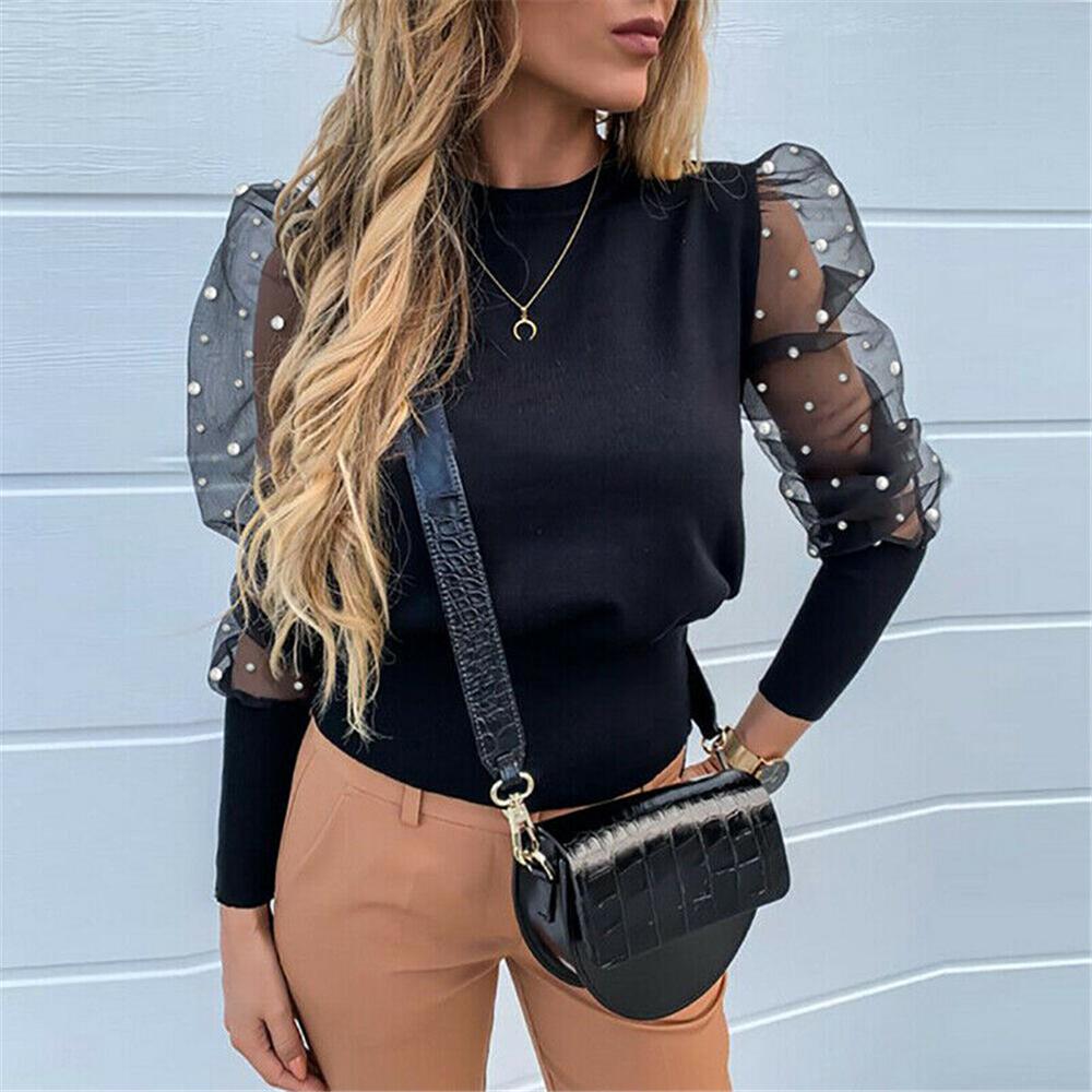 New Pearl Lace Silk Gauze Puff Sleeve Top Ms. Casual Bottoming Shirt