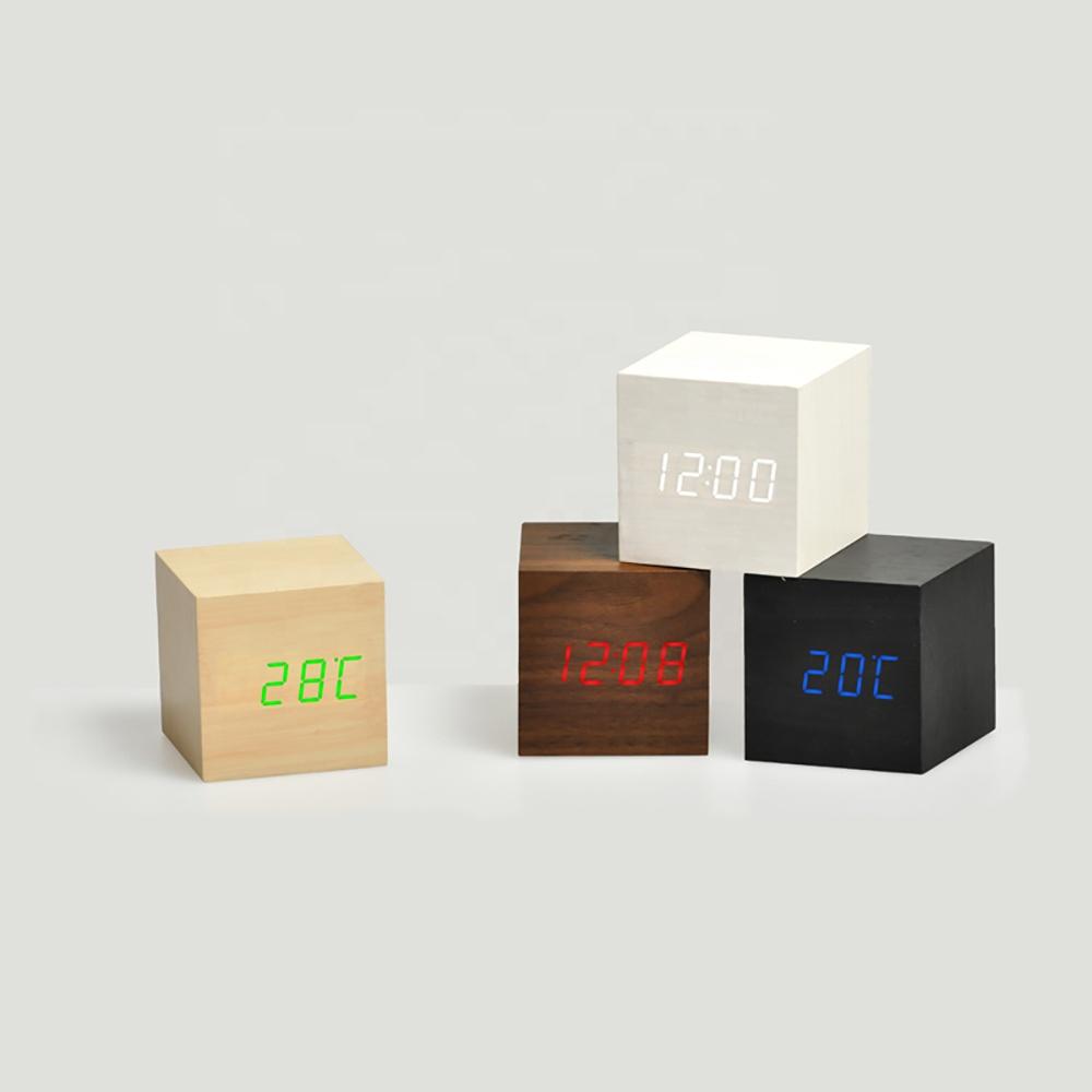 2022 Tabletop Temperature Time Display Electronic Wooden LED Digital Pixel Wireless Alarm Table Clock with Sound Control