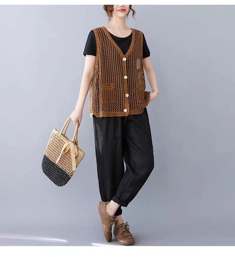 Retro Artistic Hollow-Out Knit Vest – Women's Loose Cotton-Linen Cardigan