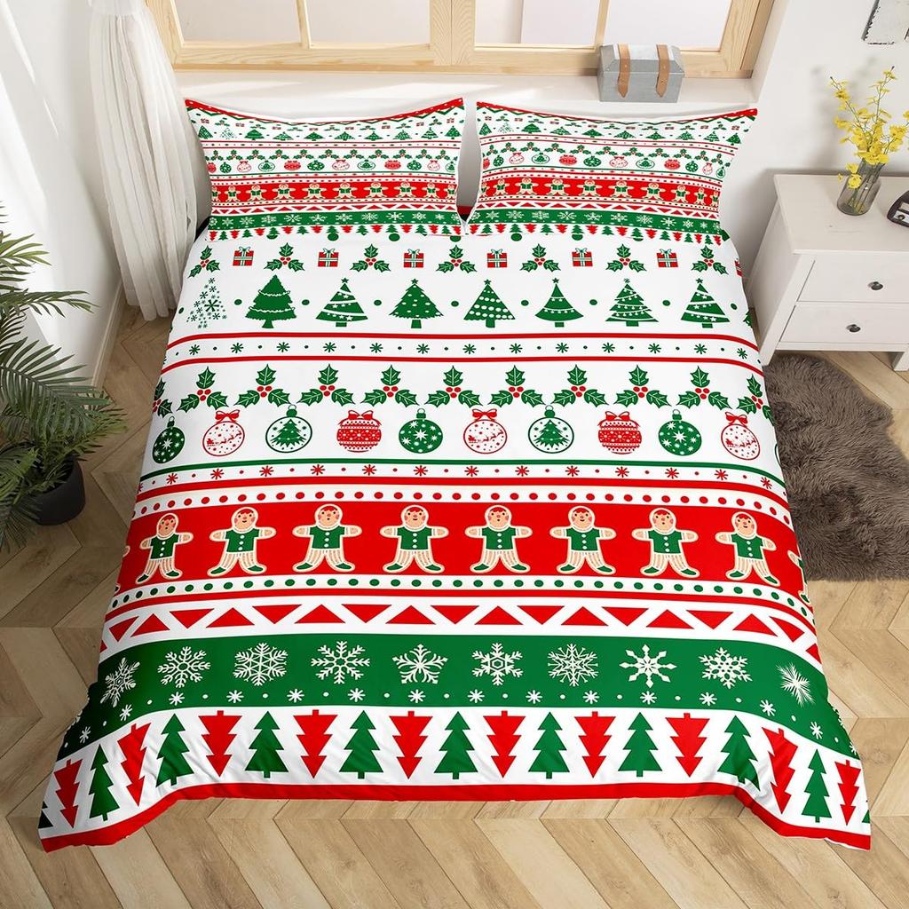 Gingerbread Man Xmas Theme Duvet Cover Christmas Comforter Cover Cartoon Snowman Christmas Tree Bedding Set Pink Quilt Cover