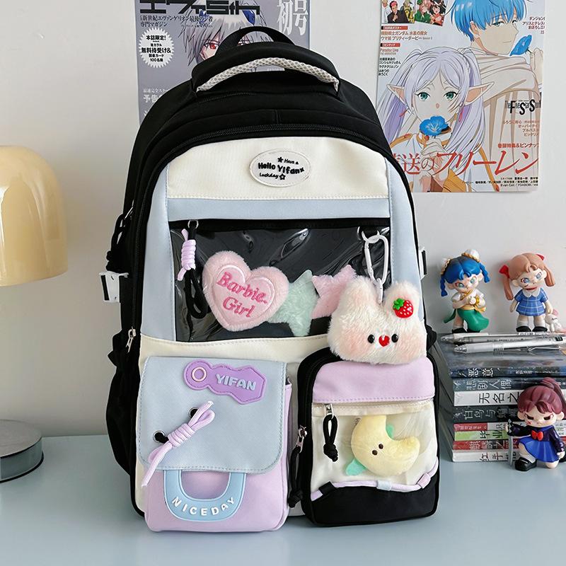 The New Japanese Ins High-value Sweet and Transparent Bag Schoolbag Female Contrasting Color Splicing Large-capacity Backpack