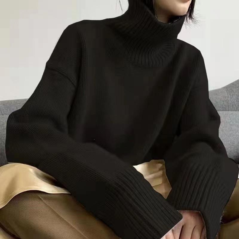Women's European High Neck Pullover Sweater: Autumn/Winter Loose Fit, Slimming Plain Knit Base Layer