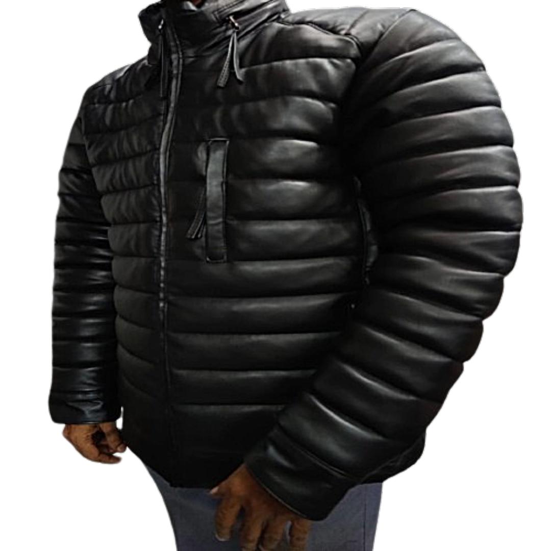 Мужская куртка-пуховик - высококачественная черная кожа ягненка — фото 4
