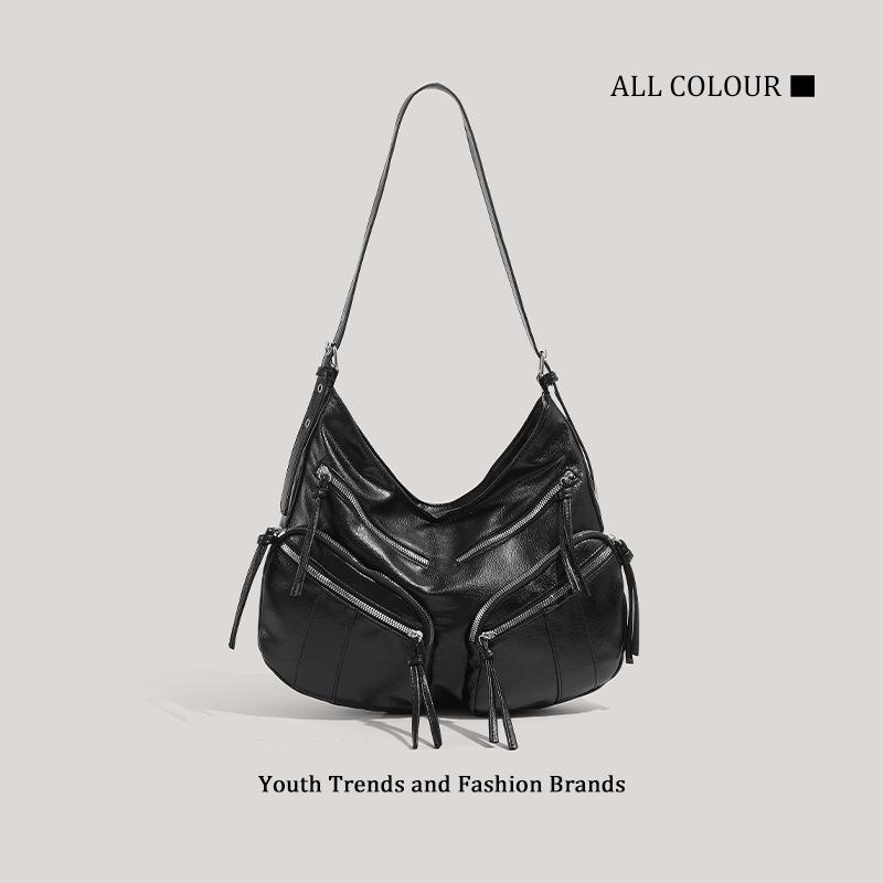 New large-capacity soft leather black multi-pocket locomotive bag women's simple and versatile shoulder messenger bag