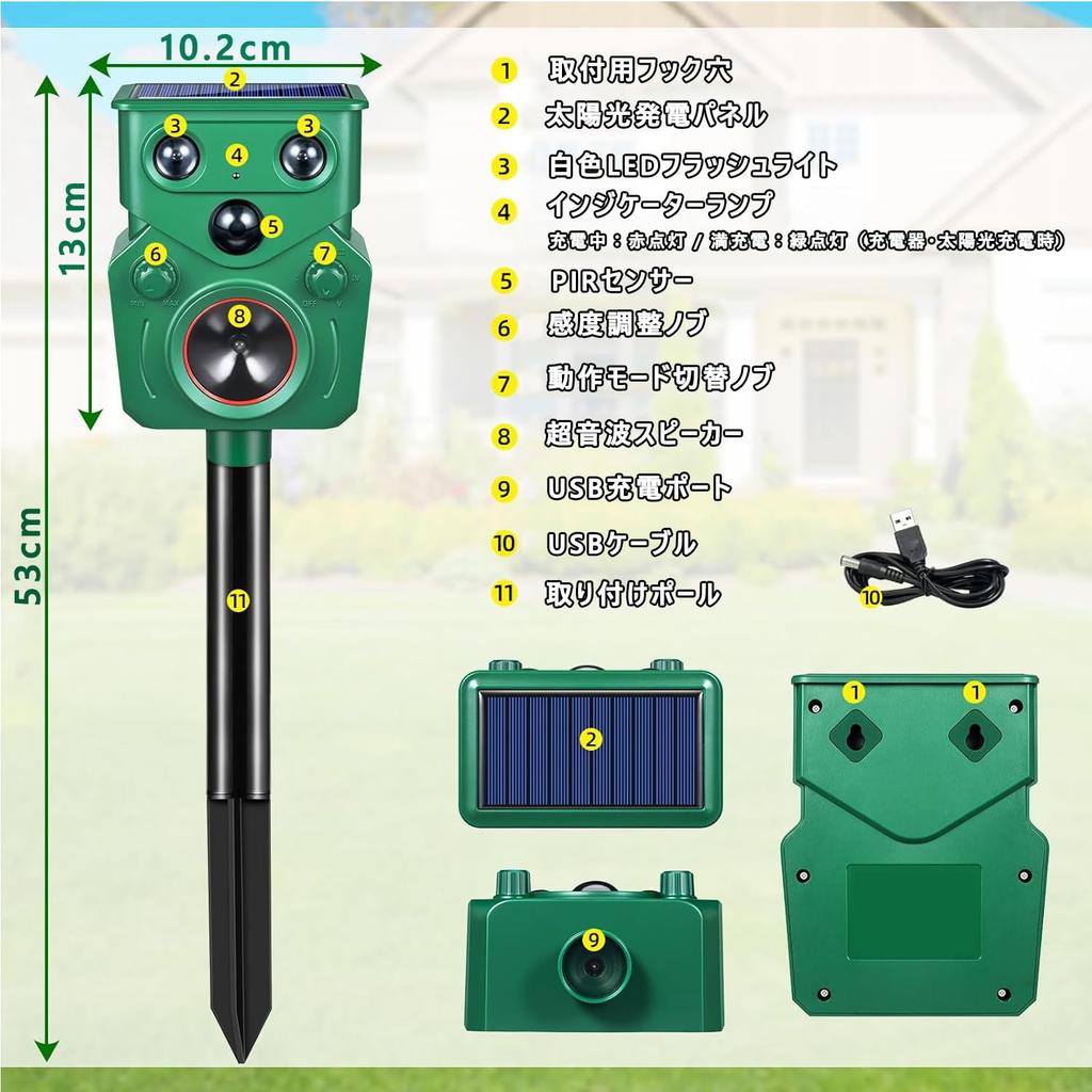 Amzhfeng Ultrasonic Animal Cat Repellent Latest Pest Control Repels and IP65 Large Capacity Long Standby USB Solar LED PIR Motion 5 Repellent 10m