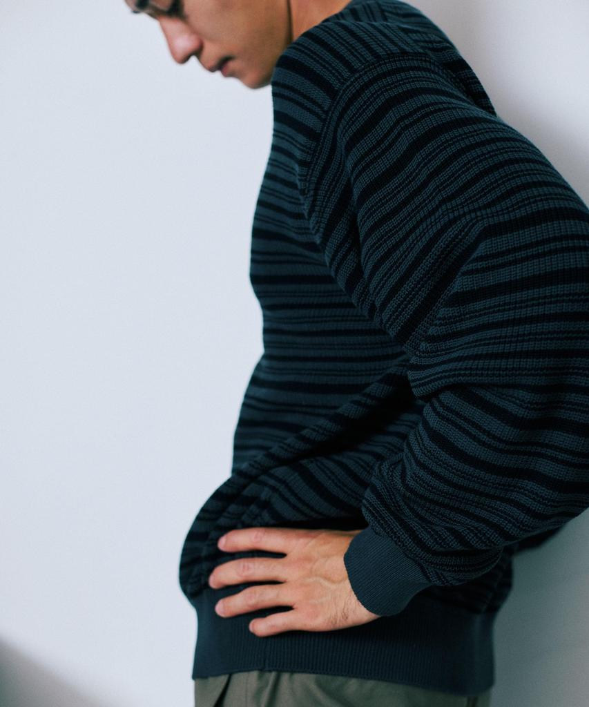 Nano Universe Mercerized Cotton Ribbed Striped Crew Neck Size Pattern Knit, Men's, M, 361, 2, 668-5222220