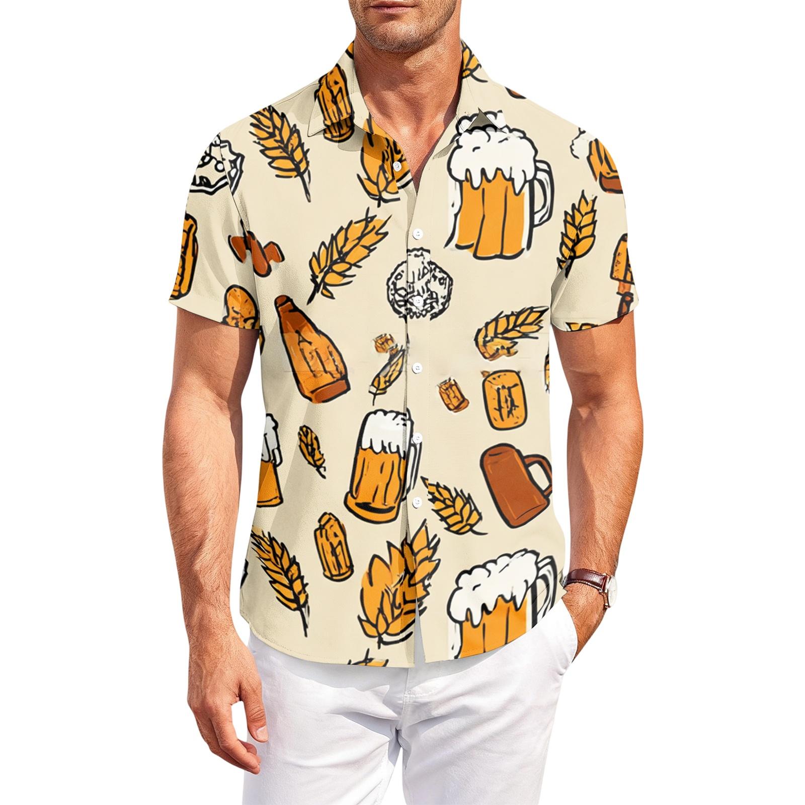 

Men s Casual Loose Fit Short Sleeve Shirt Button Down Beer Festival Print Lightweight Breathable Summer Top S хаки