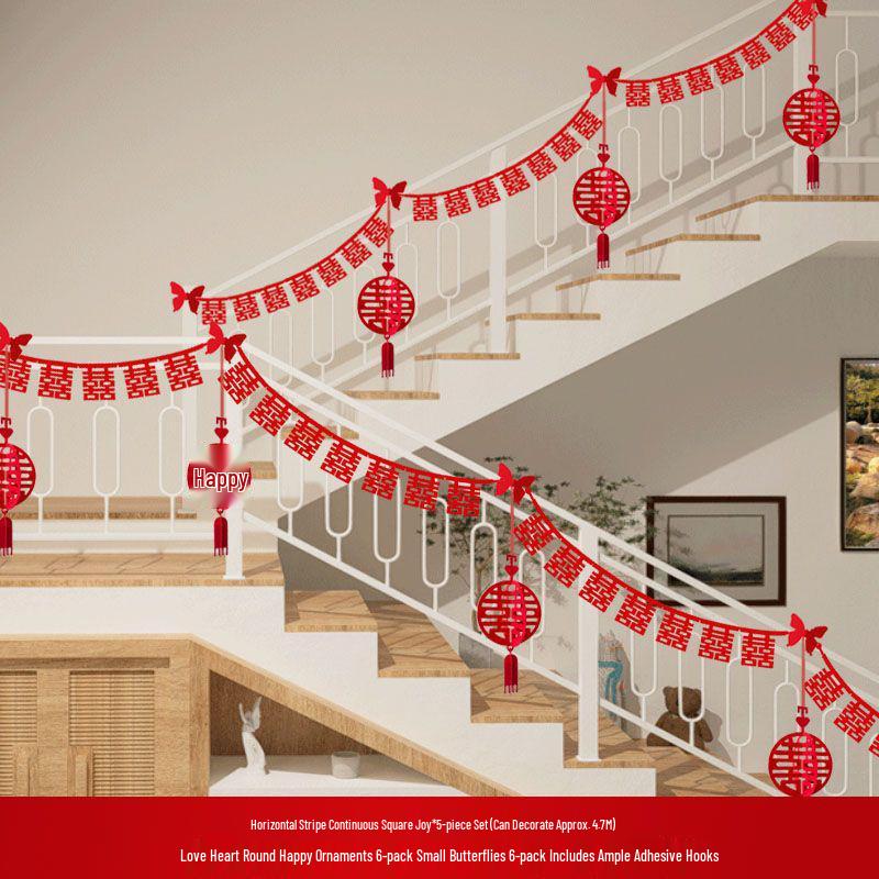 Double Happiness Stair Railing Decor: Wedding Floral Ornaments for Bride and Groom Sides