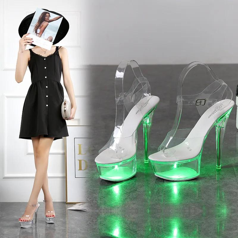 Mode 2025 Neu 34-43 Sexy Super High Heels Leuchtende Stiletto-Sandalen Transparentes Modell Kristallschuhe Hochzeitsschuhe 15cm