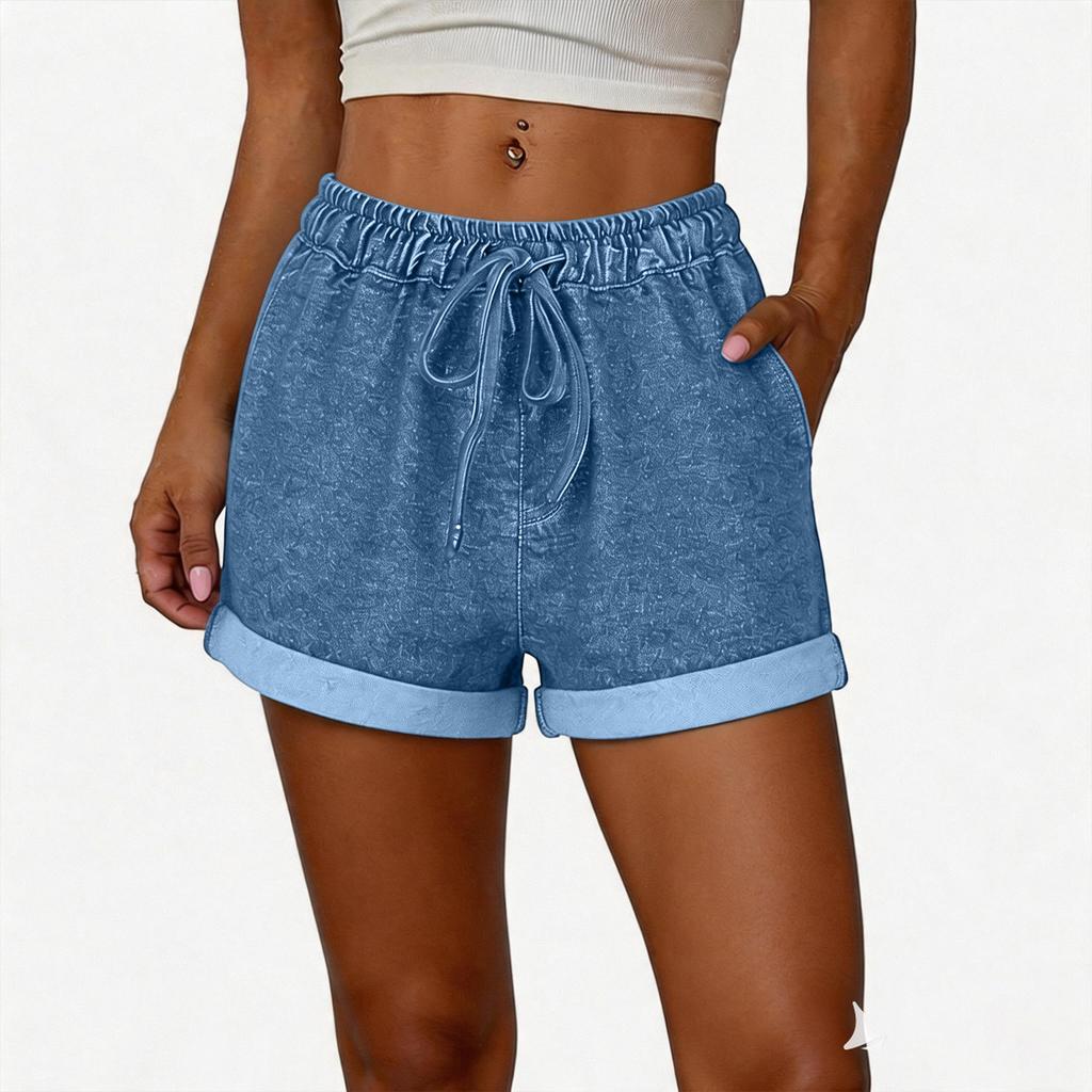 Women Casual Loose Fit Denim Shorts with Elastic Waistband Adjustable Drawstring and Rolled Hem for Daily Wear