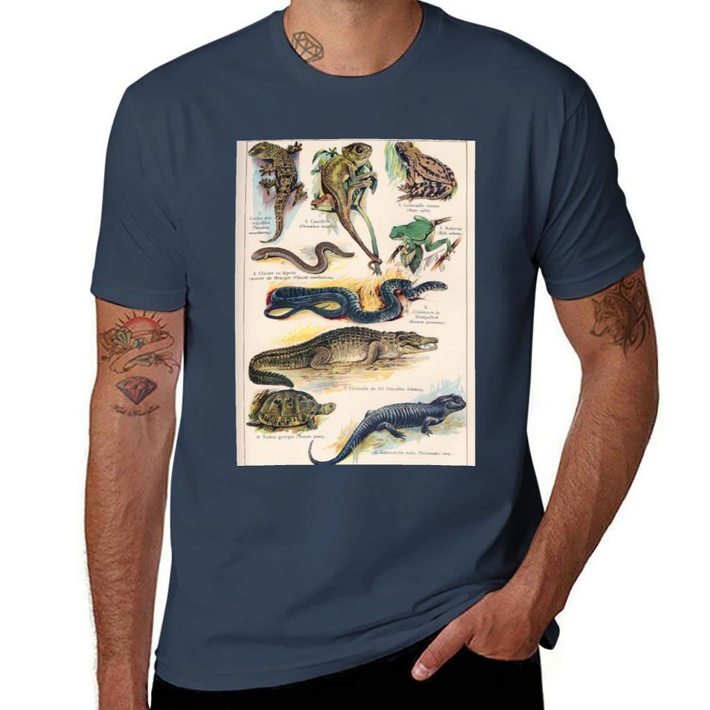 Vintage french biology illustration Quillet Reptiles TShirt Lightweight Casual Summer TShirt