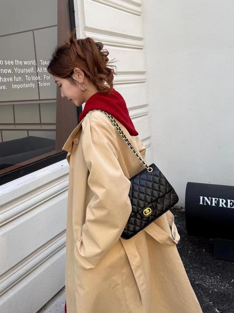 Luksusowa torebka łańcuszkowa z pikowanej skóry kawiorowej - Damska jesienno-zimowa torebka crossbody i na ramię 2024