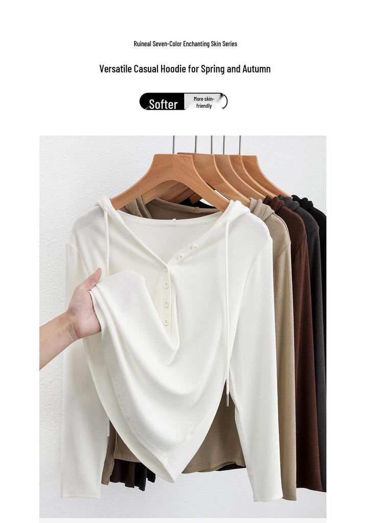 Women's V-Neck Button-Down Hooded Sweatshirt Base Layer - Slim Fit Long Sleeve for Spring & Autumn