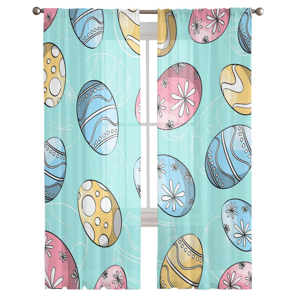 Easter Egg Blue Background Tulle Curtains For Living Room Bedroom Voile Sheer Curtain Window Home Decor Drapes