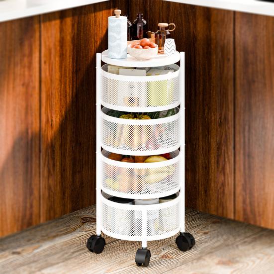 Rotating Storage Rack Fruit Basket for Kitchen 3/4/5 Tier Circular Rotating Basket Fruit and Vegetable Metal Wire Shelf with Top Lid (White)