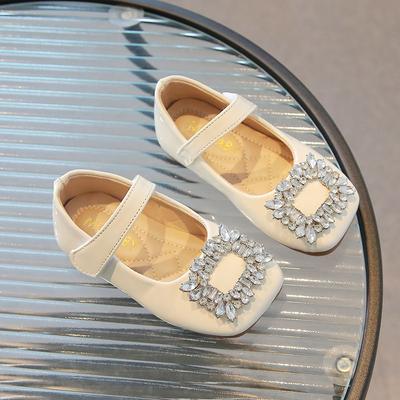 Rhinestone Square Buckle Girls Princess Shoes Square Toe Flat Leather Girls Shoes